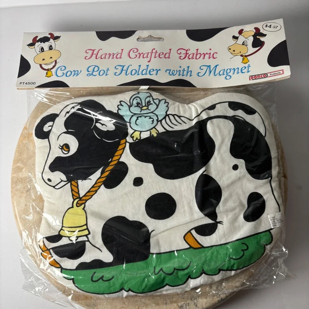 VTG Loomco Cow Pot Holder OS White Black Vintage 1994 Fabric Magnet Farmhouse